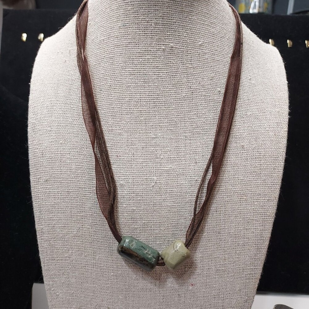 Green Jasper 10G 2 Piece Ribbon and Cord Necklace 17"